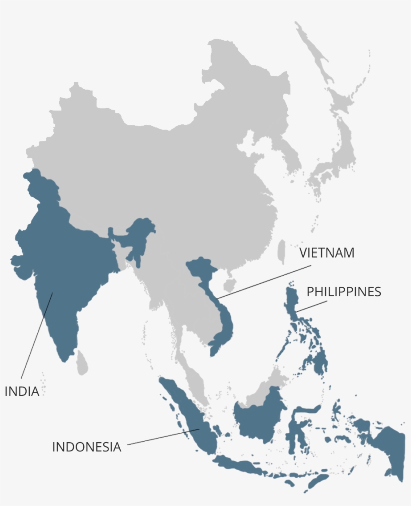 Map Showing India, Indonesia, Vietnam And The Philippines - Asia Pacific Map Outline, transparent png #3986248