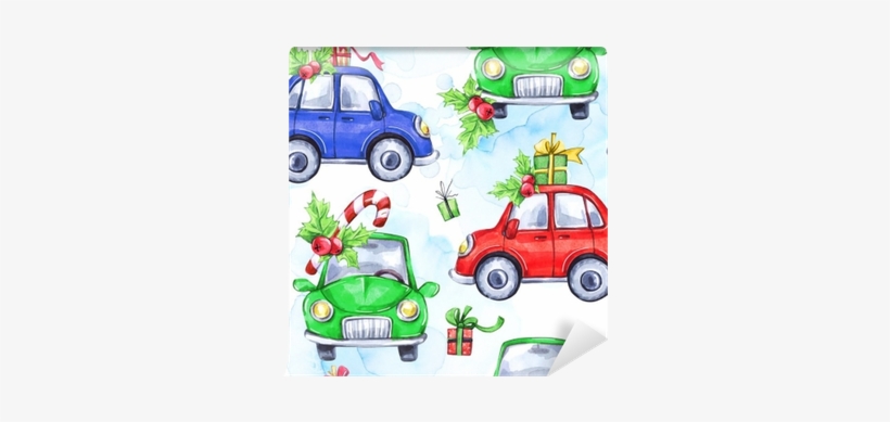 Watercolor Seamless Pattern With Cartoon Holidays Cars - New Year, transparent png #42832