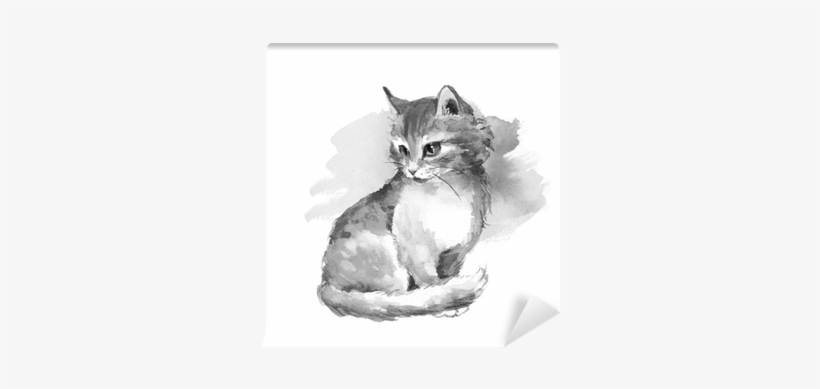 Black And White Watercolor Painting Wall Mural • Pixers® - Kitten Watercolor, transparent png #44227