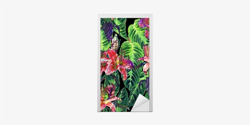 Pink Lilies And Exotic Calathea Leaves On Black Background, - Watercolor Painting, transparent png #48878