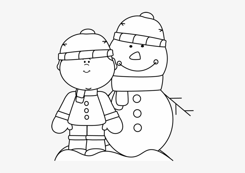 Black And White Boy With Snowman - Clipart Winter Black And White, transparent png #400904