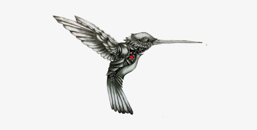 Grey Mechanical Hummingbird With Red Heart Tattoo Design - Mechanical Hummingbird Tattoo, transparent png #409693