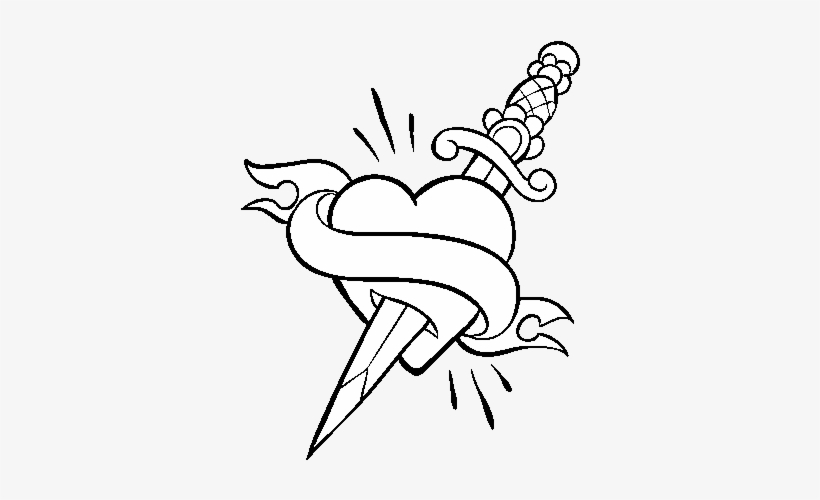 Heart And Poignard Tattoo Coloring Page - Dibujos Para Dibujar De Corazones, transparent png #4002028