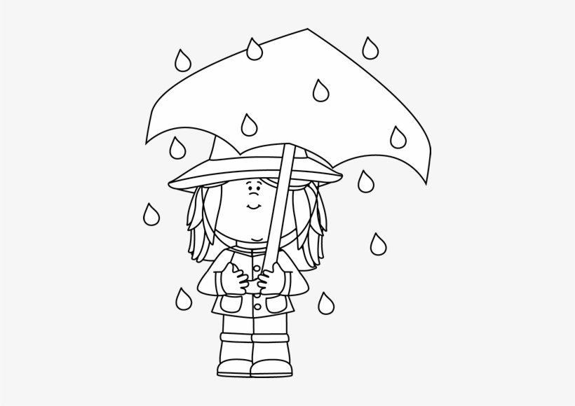 Black And White Girl Standing In The Rain Clip Art - Rain And Umbrella Black And White Clipart, transparent png #4008600