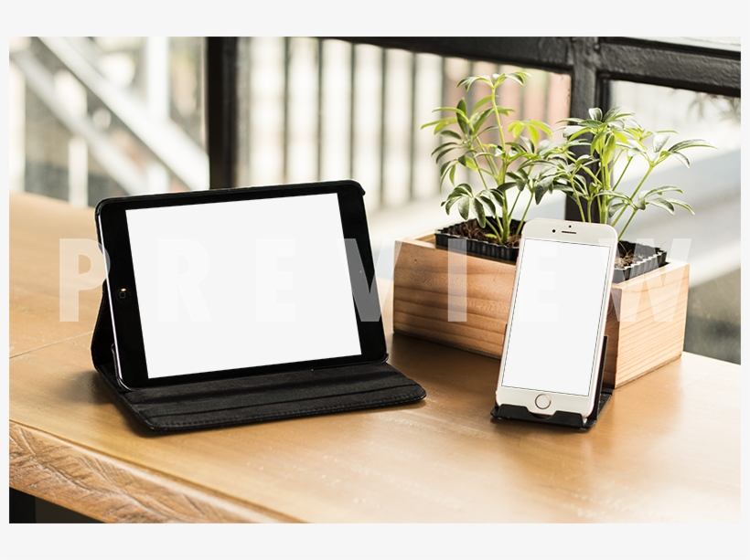 Iphone And Ipad On Top Of Bench With Plants On The - Table, transparent png #4021400