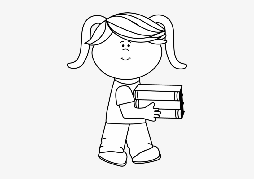 Black And White Little Girl Carrying A Stack Of Books - Black And White Girl Clipart School, transparent png #4023128