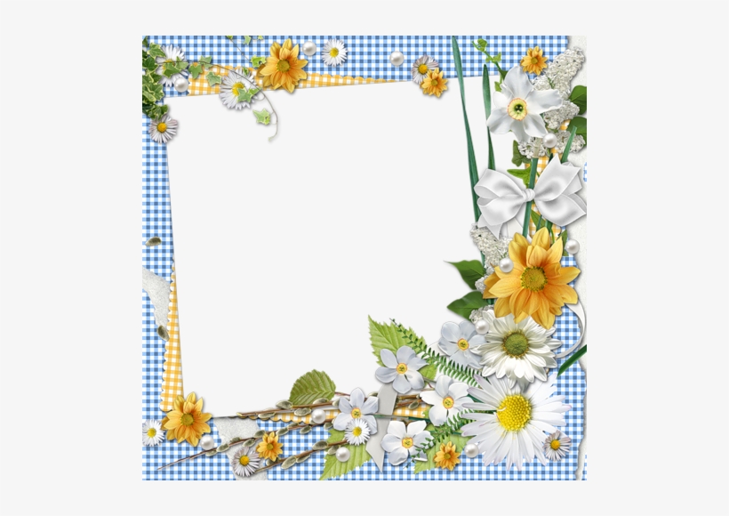 Spring Flower Corner On Blue Gingham Border Page Borders, - Cadre Et Fleurs Png, transparent png #4045314
