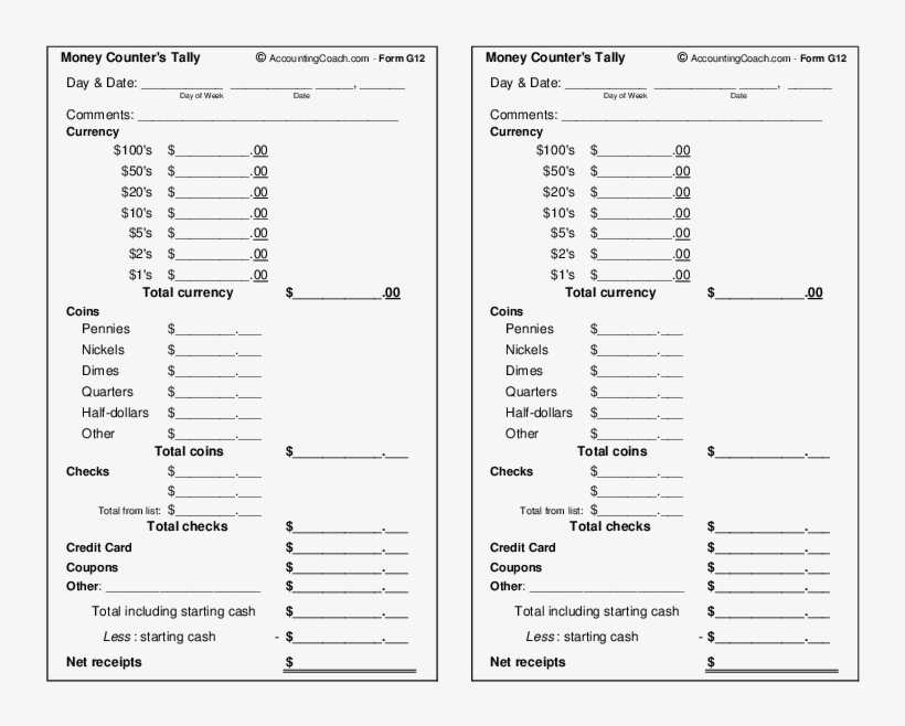 Money Counter's Tally - Money Tally Sheet Template, transparent png #4069769