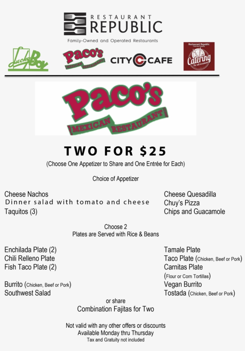 Pacos 2for25menu - City Cafe, transparent png #4077755