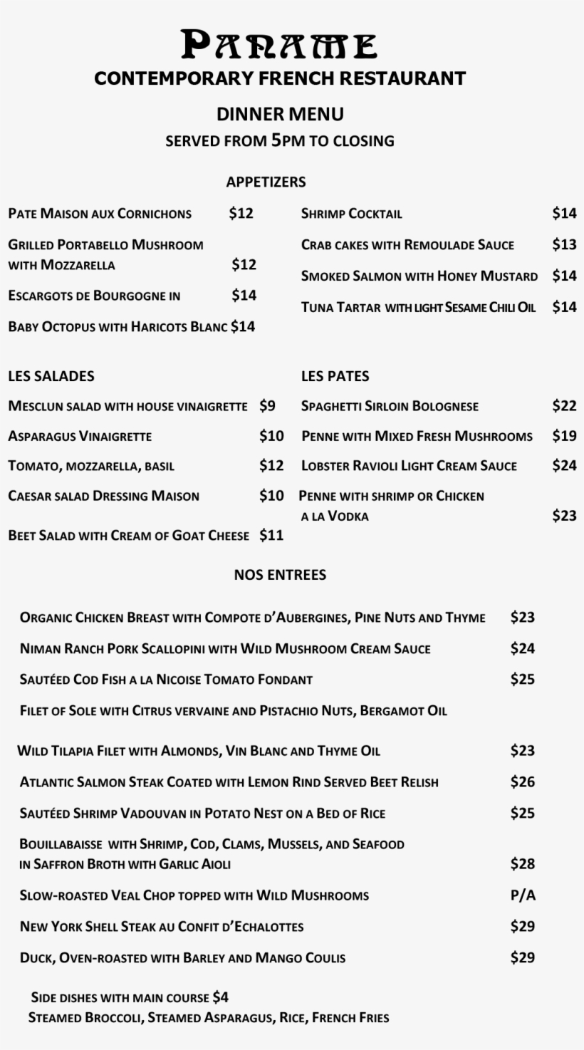 Paname French Restaurant Dinner Menu - Rumpelstiltskin Script - Free ...