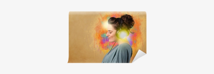 Young Woman With Headphones Listening To Music Wall - Music, transparent png #4086989