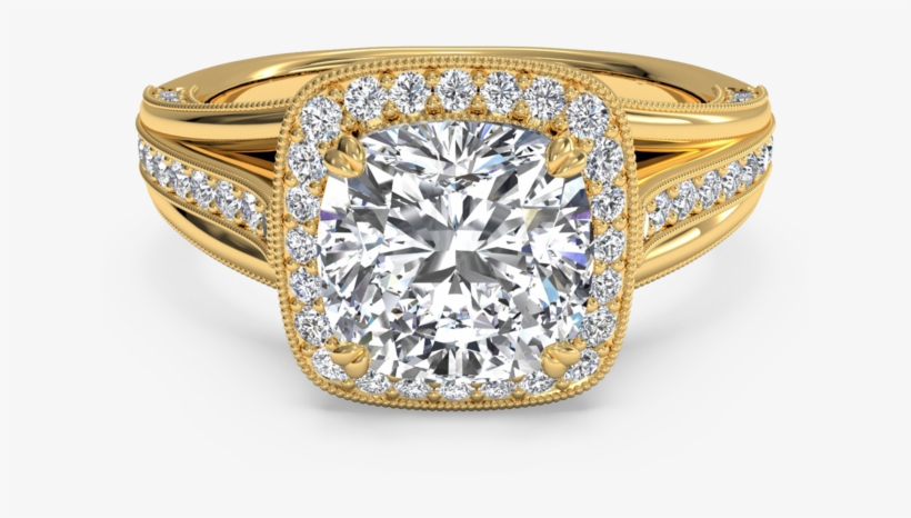 Designer Halo Cushion Cut Engagement Ring With Milgrain - Beautiful Diamond Ring Gold, transparent png #419374