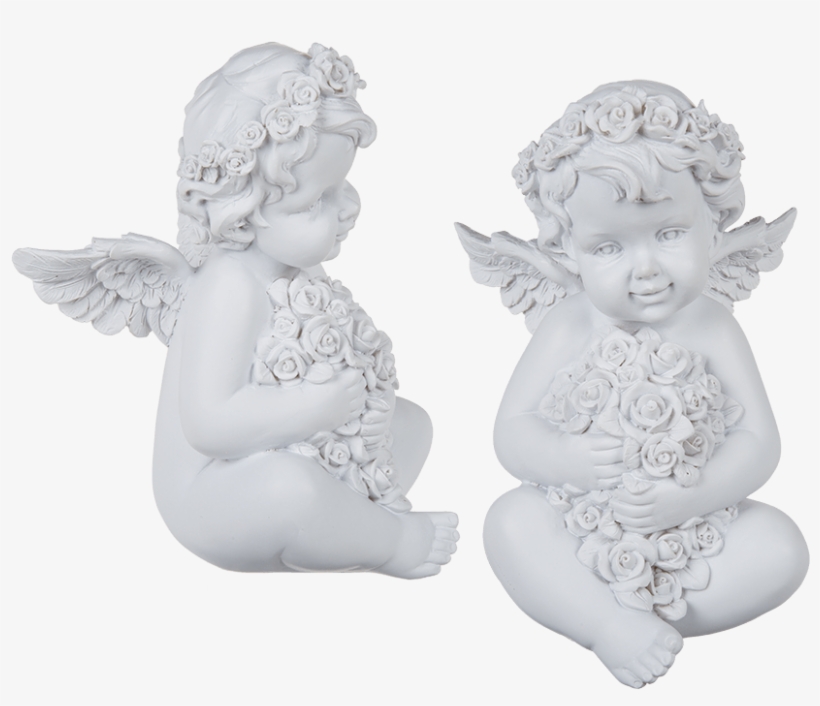 Ángel De Poliresina Sentado Con Corona De Rosas Blancas - Angel, transparent png #4116158