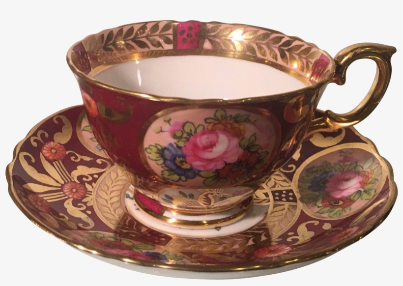 Vintage Crown Staffordshire Cobalt Red & Gold Floral - Teacup, transparent png #4116629