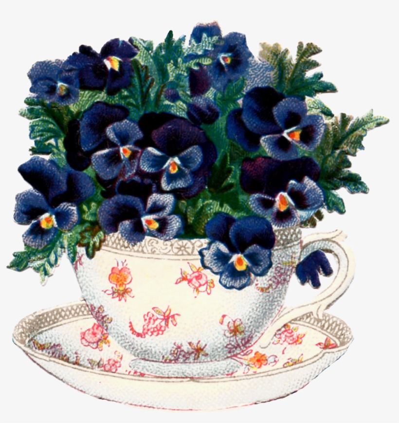 Teacup Pansy Vintage Image Graphics Fairy - Pansies In Tea Cup, transparent png #4117085