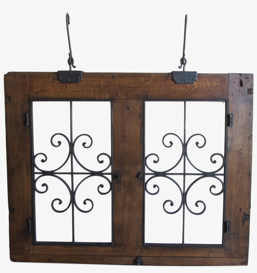 Antique Wrought Iron And Wood Hanging Window-circa - Iron, transparent png #4120309