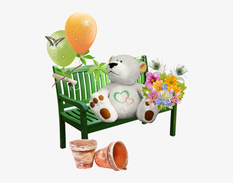 Cluster, Teddy, Bank, Garden Bench, Flowers, Ballons - Teddy Bear, transparent png #4122382