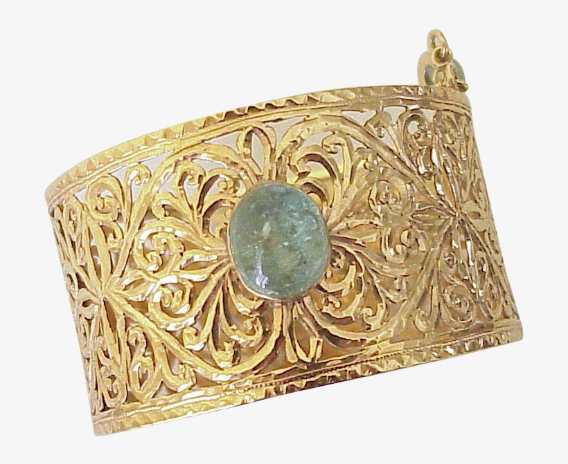 18k Gold Wide Filigree Bangle Bracelet Emerald Cabochon, transparent png #4125168