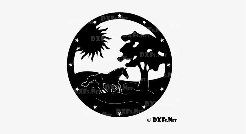Running Horse With Sun And Tree Design For Cnc Cutting - Autocad Dxf, transparent png #4127464