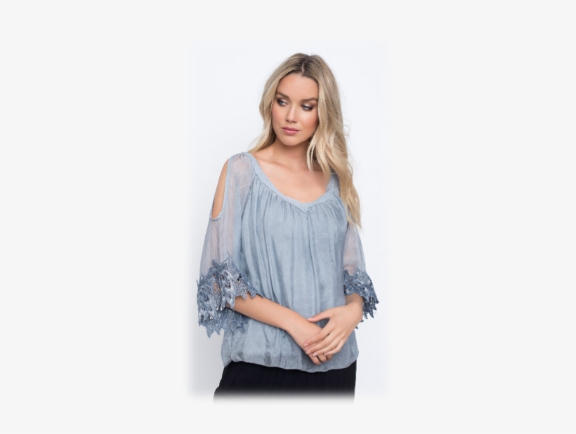 Cold Shoulder Silk Blouse W/ Flower Lace - Lace, transparent png #4140992