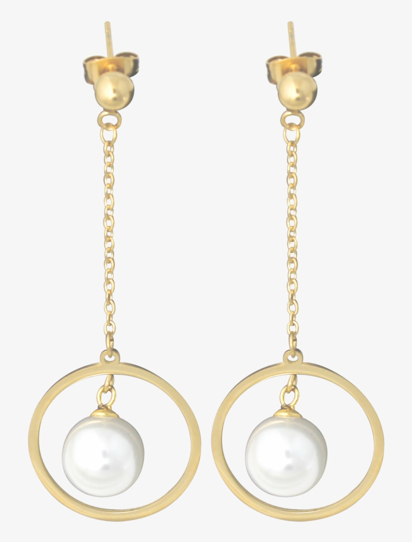 Aretes Dorado Largo Con Circulo Dorado Y Perla Blanca - Earring, transparent png #4146497