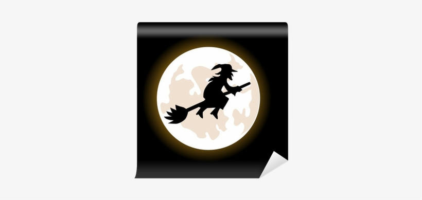 A Cartoon Witch Flying On A Broomstick Wall Mural • - Witch Flying Across Night Sky, transparent png #4146627