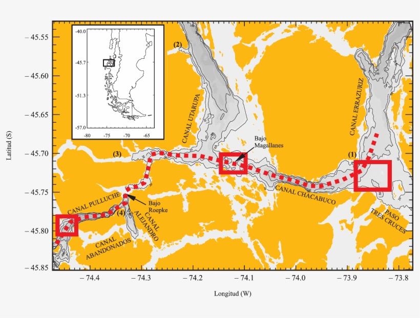 Línea Punteada Indica La Unión De Canales Pulluche - Bathymetry, transparent png #4149597