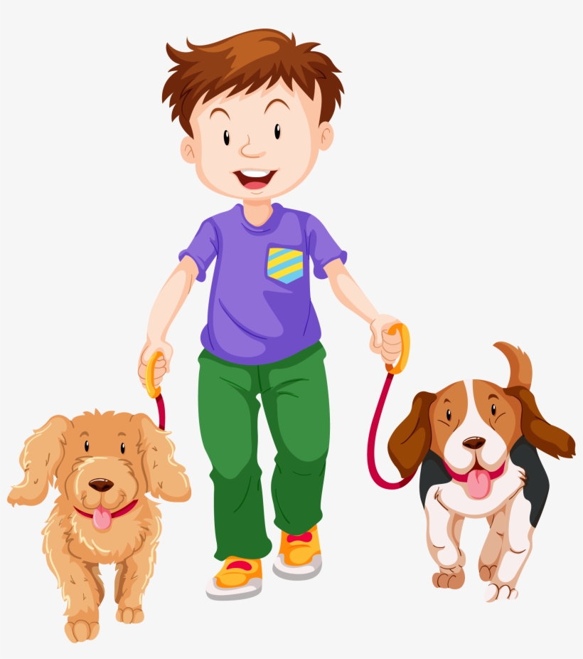 Walking Boy Cartoon - Boy With Dogs Clipart, transparent png #4153229
