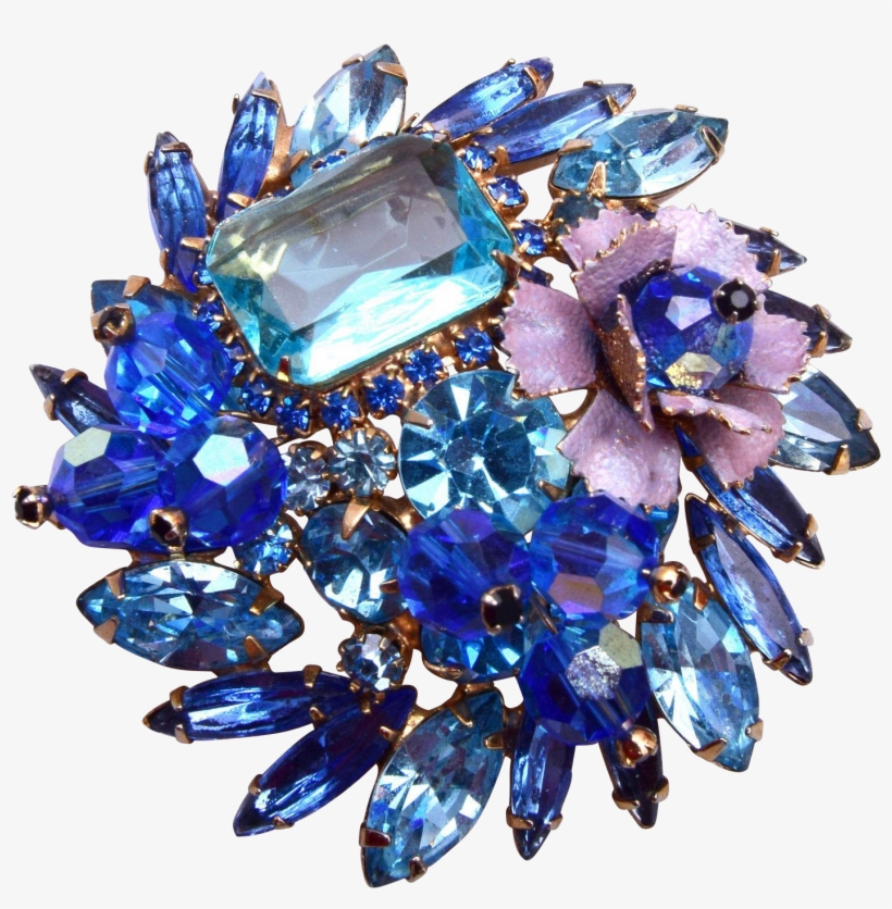 D&e Blue Crystal, Rhinestone And Enameled Flower Brooch - Crystal, transparent png #4159944