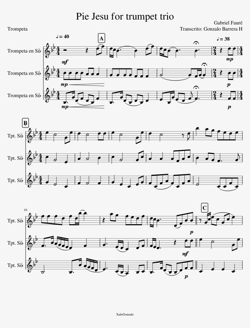 Pie Jesu For Trumpet Trio Sheet Music Composed By Gabriel - Document, transparent png #4163881