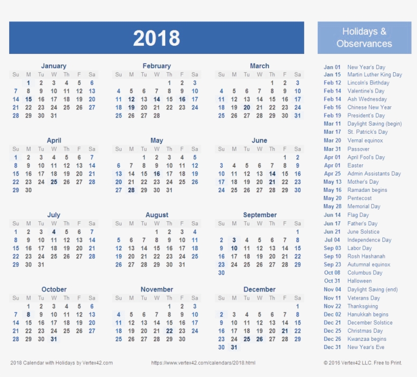 2018 Calendar Transparent Background - 2018 Calendar With Holidays Usa, transparent png #4179441