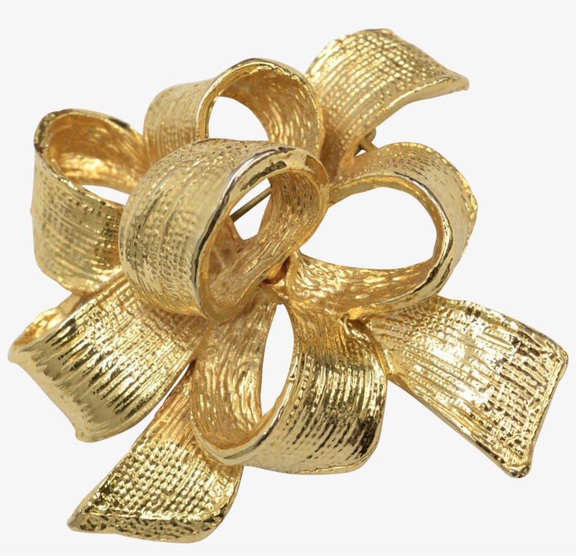 Heavy Gold Plated Christmas Ribbon Bow Textured Brooch - Brass, transparent png #4179871