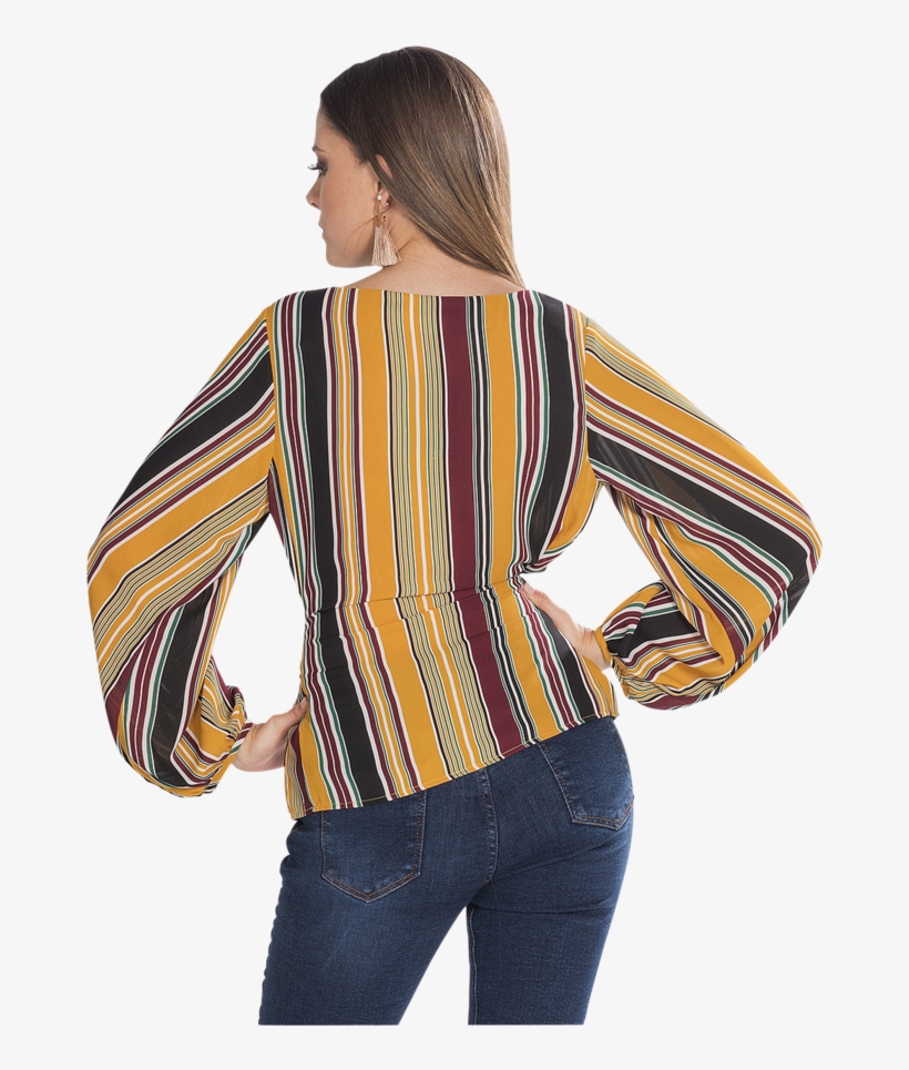 Blusa M/l Rayas Liston Cintura Negro - Blouse, transparent png #4204308
