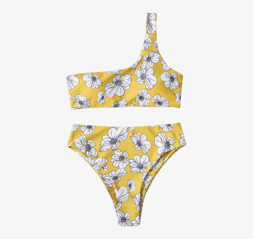 Brown S Shoulder One Bikini Waisted High Golden Flower - Bikini, transparent png #4209687
