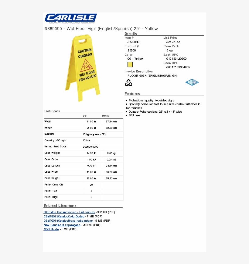 Download Spec Sheet - Flo-pac Cfs3690200 Floor Sign, French & Italian,, transparent png #4214622