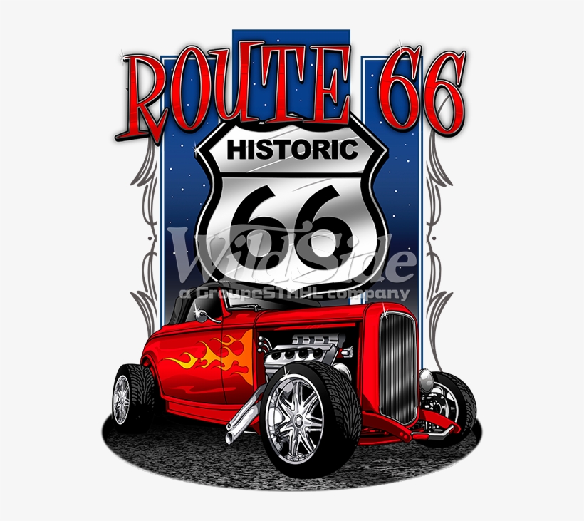 Route 66 With Shield Historic 66 And Hot Rod - Hot Rod Long Sleeve Shirt Historic Route 66 American, transparent png #4218852