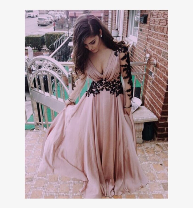 New Hot Women Explosive Sexy Lace Stitching Long Sleeved - Beige Prom Dress With Sleeves, transparent png #4263514