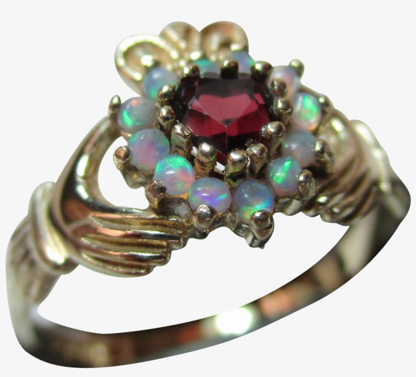 Pretty Vintage 9ct Solid Gold Opal Garnet Heart Shaped - Opal Claddagh Ring, transparent png #4298369