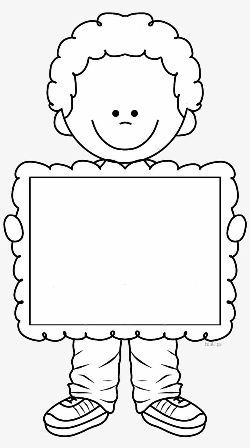 Cute Boy Holding Frame, There's Space To Write Title - Cute Kid Clipart Black And White, transparent png #4307171