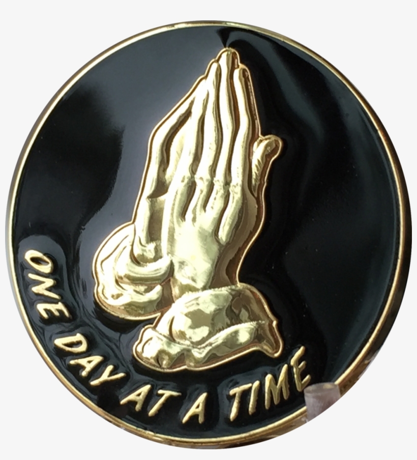 Praying Hands Black & Gold Plated One Day At A Time - Praying Hands One Day At A Time Black Gold Plated Medallion, transparent png #4337250