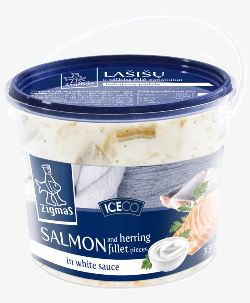 Salmon And Herring Fillet Pieces In White Sauce - Herring, transparent png #4358277