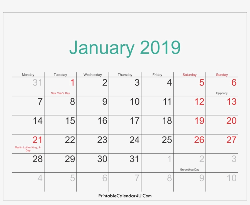 2019 Calendar Background Png - Monthly Free Printable 2019 Calendar With Holidays, transparent png #4365118