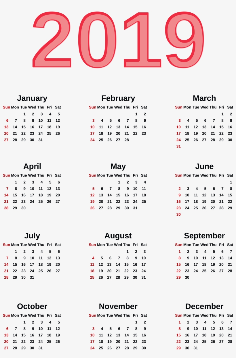 2019 Calendar One Page, transparent png #4365418