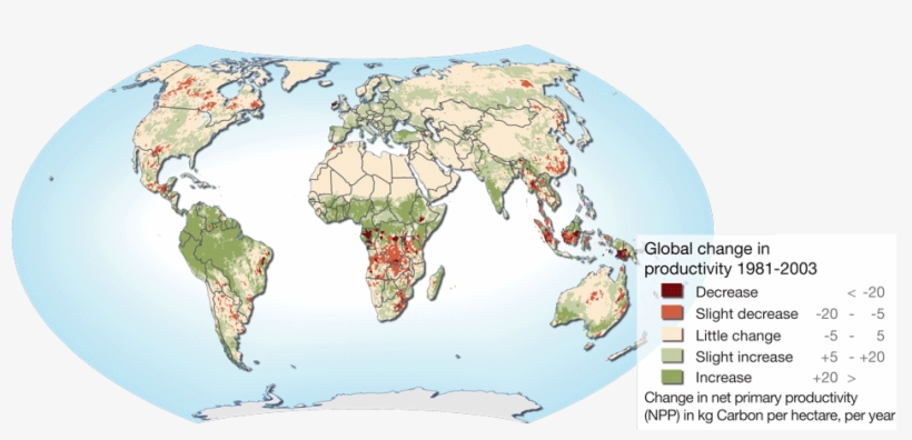 World Map Of Changes In Land Primary Productivity 1981-2003 - Map Of Land Degradation, transparent png #4414688