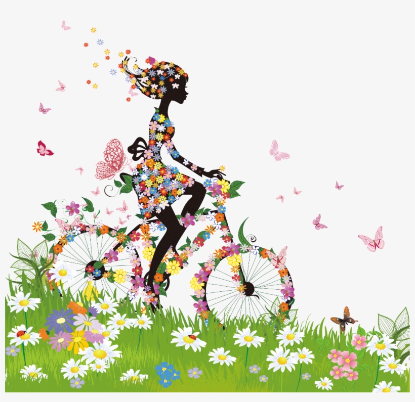 Woman Silhouette Flowers Bicycle Grass Overlay - Flower Fairy Girl 5 Shower Curtain, transparent png #4424833