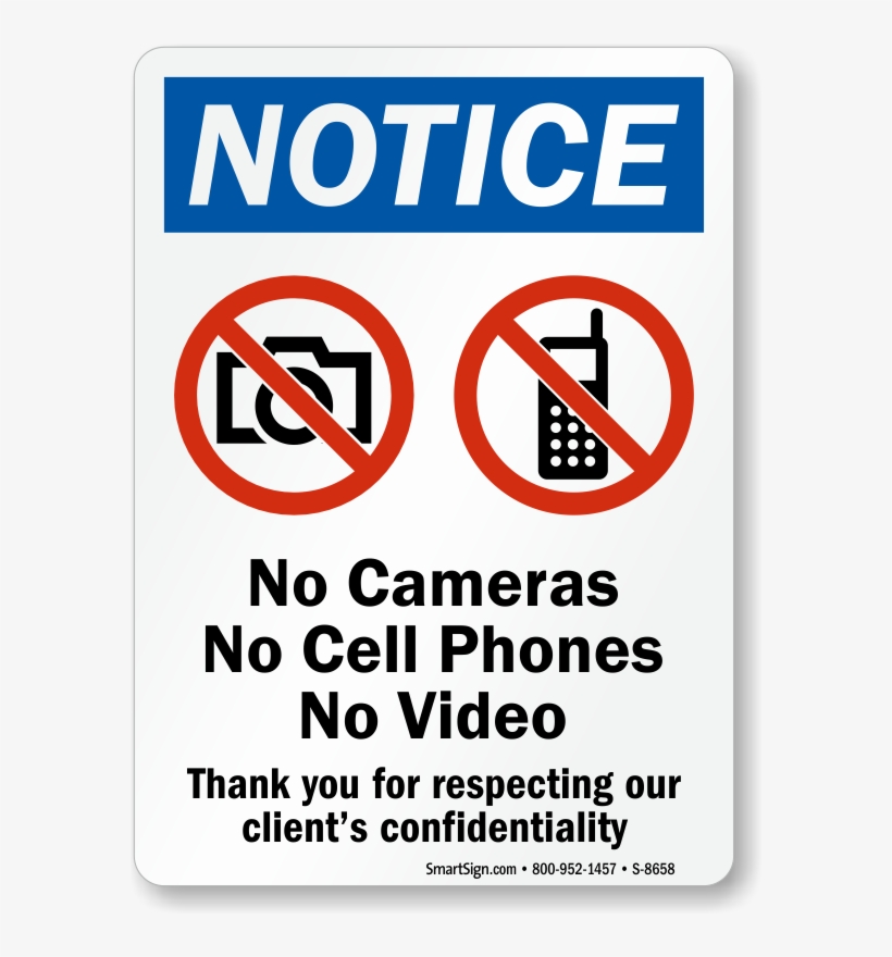 No Cell Phones Sign - No Cell Phone Or Camera Sign, transparent png #4454779