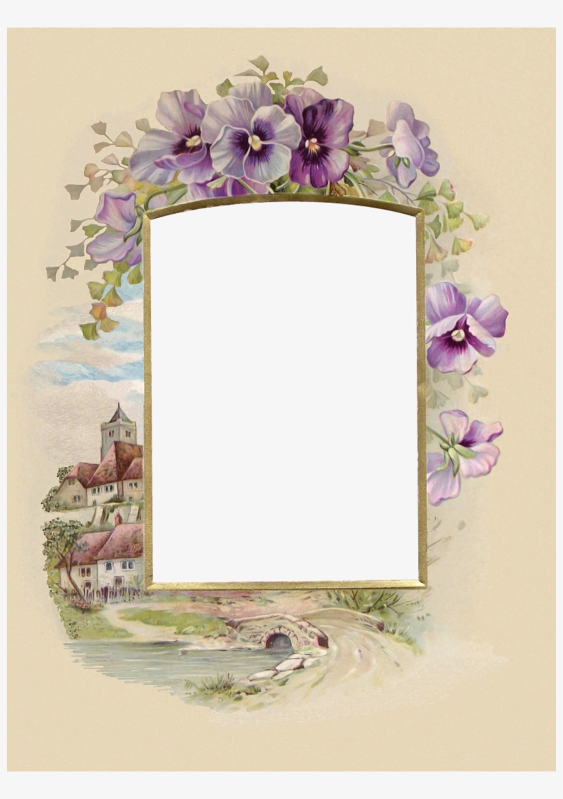 Beautiful Frame With Purple Pansies And Village, transparent png #4483961