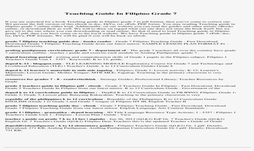Teaching Guide In Filipino Grade - Document, transparent png #4492966