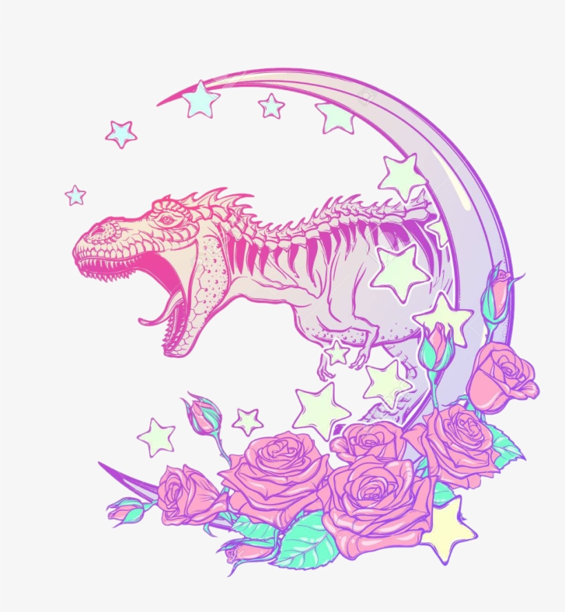 Pastel Pastelgoth Dinosaur Moon Roses Stars Sticker - T Rex Flower Tattoo, transparent png #4497646