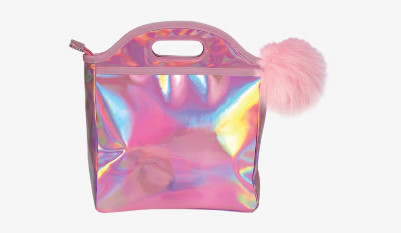 Iscream Pink Holographic Lunch Tote With Pom-poms - Bag, transparent png #454181